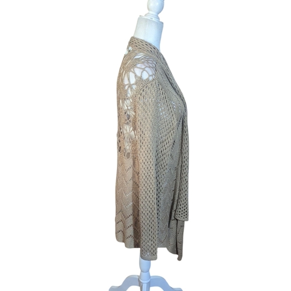 Tan Crochet Back Pointelle Cream Bohemian Festival Hippie Open Cardigan Sz XL - Picture 2 of 11